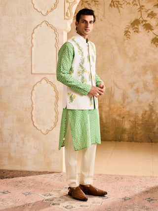 Histori By Amit Gujral Ivory 3D Embroidered Floral Bundi And Jade Kurta Set available on indiaspopup