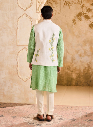 Histori By Amit Gujral Ivory 3D Embroidered Floral Bundi And Jade Kurta Set available on indiaspopup