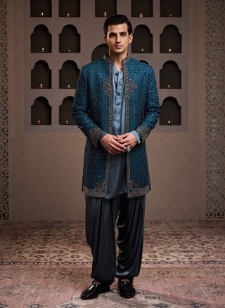 Histori By Amit Gujral Teal Short Embroidered Jacket And Kurta Set available on indiaspopup