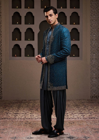 Histori By Amit Gujral Teal Short Embroidered Jacket And Kurta Set available on indiaspopup