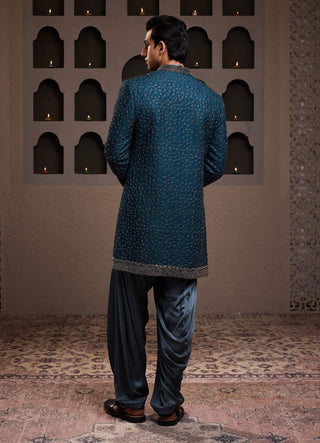 Teal short embroidered jacket and kurta set