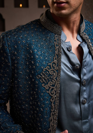 Histori By Amit Gujral Teal Short Embroidered Jacket And Kurta Set available on indiaspopup