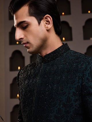 Histori By Amit Gujral Bottle Green Short Embroidered Achkan And Kurta Set available on indiaspopup