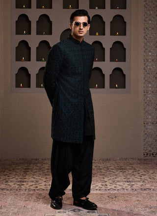 Bottle green short embroidered achkan and kurta set