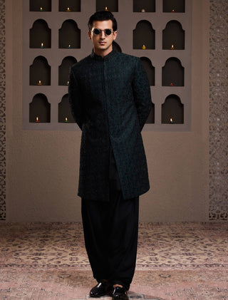 Histori By Amit Gujral Bottle Green Short Embroidered Achkan And Kurta Set available on indiaspopup