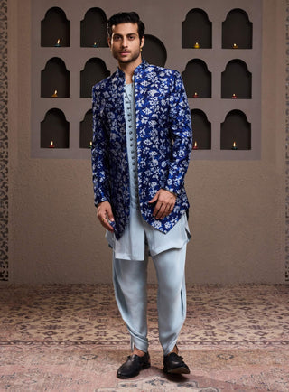 Histori By Amit Gujral Indigo Printed Long Jacket And Kurta Set available on indiaspopup