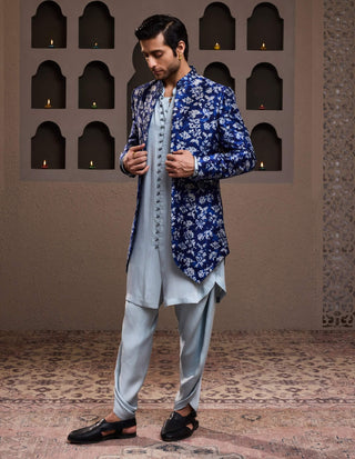 Histori By Amit Gujral Indigo Printed Long Jacket And Kurta Set available on indiaspopup