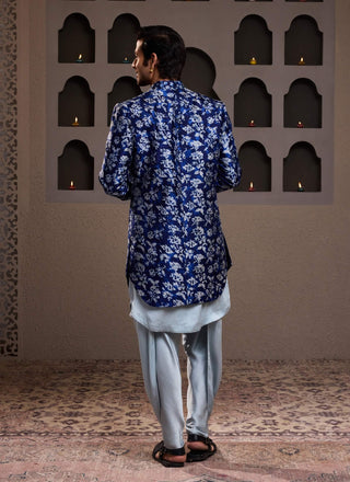 Indigo printed long jacket and kurta set