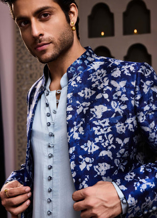 Histori By Amit Gujral Indigo Printed Long Jacket And Kurta Set available on indiaspopup