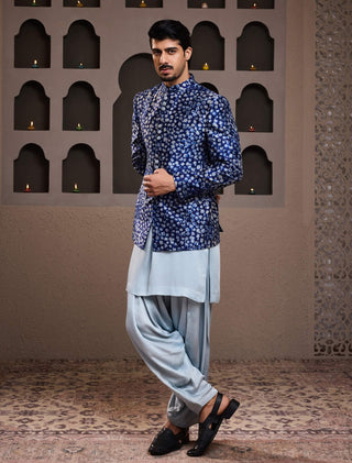 Histori By Amit Gujral Indigo Printed Short Jacket And Kurta Set available on indiaspopup