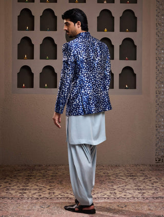 Indigo printed short jacket and kurta set