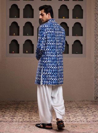 Indigo printed sherwani and kurta set