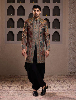 Black patterned short achkan and kurta set