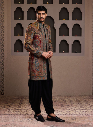 Black patterned short achkan and kurta set