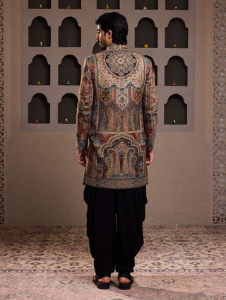 Black patterned short achkan and kurta set