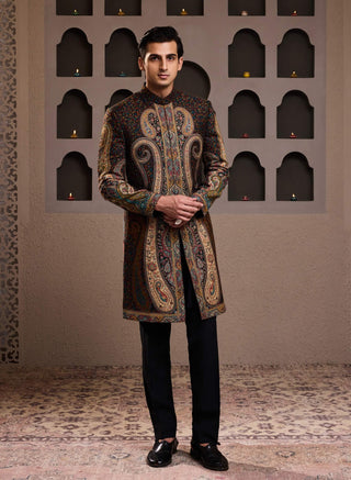 Histori By Amit Gujral Black Jamawar Patterned Short Achkan And Kurta Set available on indiaspopup