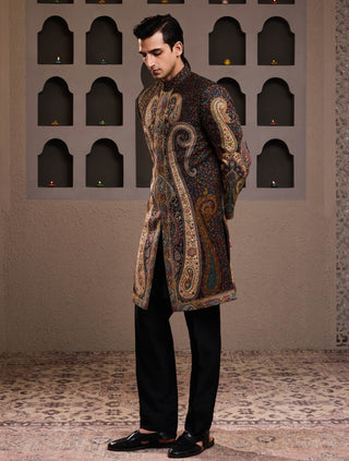 Black jamawar patterned short achkan and kurta set