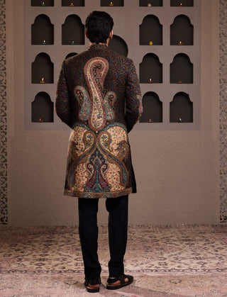 Histori By Amit Gujral Black Jamawar Patterned Short Achkan And Kurta Set available on indiaspopup