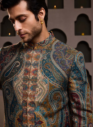 Jamawar patterned short achkan and kurta set