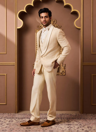 Histori By Amit Gujral Beige Embroidered Tuxedo Set available on indiaspopup