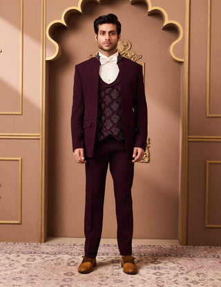 Burgundy tuxedo with embroidered vest and pant