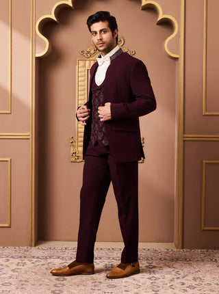 Burgundy tuxedo with embroidered vest and pant