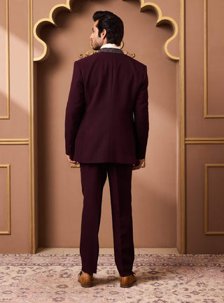 Burgundy tuxedo with embroidered vest and pant