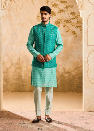 Teal mirrorwork bundi jacket and kurta set