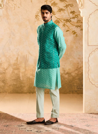 Teal mirrorwork bundi jacket and kurta set