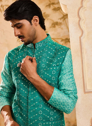 Histori By Amit Gujral Teal Mirrorwork Bundi Jacket And Kurta Set available on indiaspopup