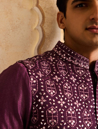 Histori By Amit Gujral Wine Embroidered Mirrorwork Bundi Jacket And Kurta Set available on indiaspopup