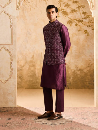 Histori By Amit Gujral Wine Embroidered Mirrorwork Bundi Jacket And Kurta Set available on indiaspopup