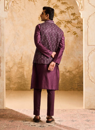 Histori By Amit Gujral Wine Embroidered Mirrorwork Bundi Jacket And Kurta Set available on indiaspopup