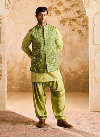 Histori By Amit Gujral Light Green Mirrorwork Bundi Jacket And Kurta Set available on indiaspopup