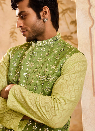 Light green mirrorwork bundi jacket and kurta set