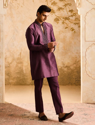 Histori By Amit Gujral Wine Embroidered Kurta And Pant available on indiaspopup