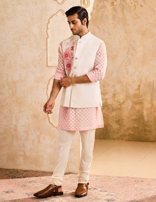 Histori By Amit Gujral Ivory 3D Embroidered Floral Bundi And Pink Kurta Set available on indiaspopup