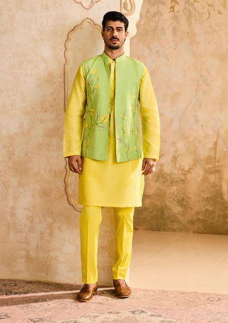 Histori By Amit Gujral Green 3D Embroidered Floral Bundi And Yellow Kurta Set available on indiaspopup