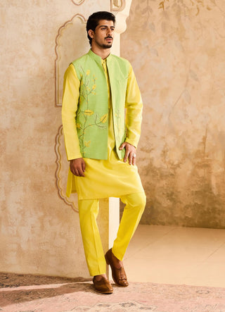 Histori By Amit Gujral Green 3D Embroidered Floral Bundi And Yellow Kurta Set available on indiaspopup