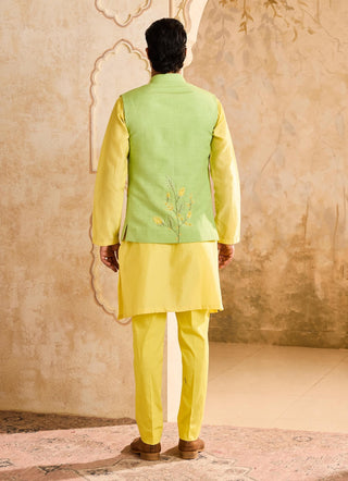 Histori By Amit Gujral Green 3D Embroidered Floral Bundi And Yellow Kurta Set available on indiaspopup