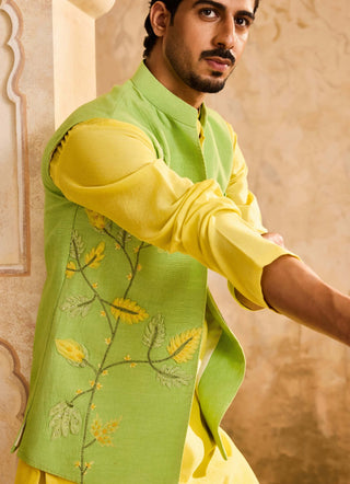 Histori By Amit Gujral Green 3D Embroidered Floral Bundi And Yellow Kurta Set available on indiaspopup