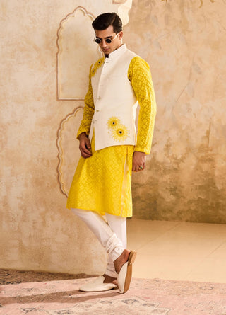 Histori By Amit Gujral Ivory 3D Embroidered Floral Bundi And Yellow Kurta Set available on indiaspopup