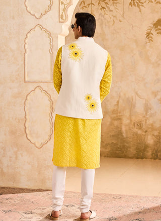 Histori By Amit Gujral Ivory 3D Embroidered Floral Bundi And Yellow Kurta Set available on indiaspopup