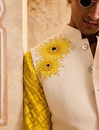 Ivory 3D embroidered floral bundi and yellow kurta set