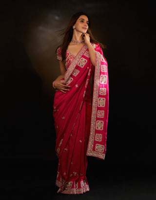 Scarlet mulberry silk embroidered sari with blouse