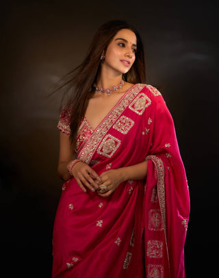 Scarlet mulberry silk embroidered sari with blouse