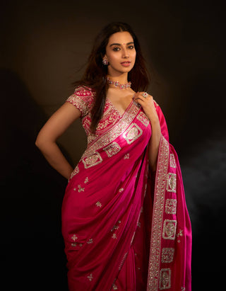 Scarlet mulberry silk embroidered sari with blouse