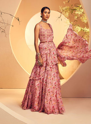 Aneesh Agarwaal-Pink Printed Pre-Draped Ruffle Sari Set-INDIASPOPUP.COM