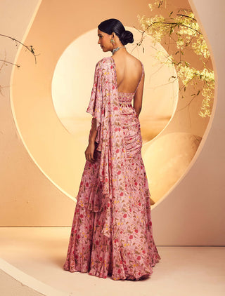 Aneesh Agarwaal-Pink Printed Pre-Draped Ruffle Sari Set-INDIASPOPUP.COM