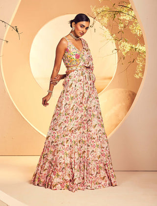 Aneesh Agarwaal-Floral Chintz Layered Pre-Stitched Sari Set-INDIASPOPUP.COM